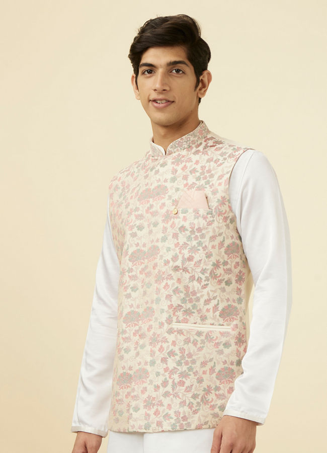 alt message - Manyavar Men Cream Jacket With Contrasting Floral Prints image number 0