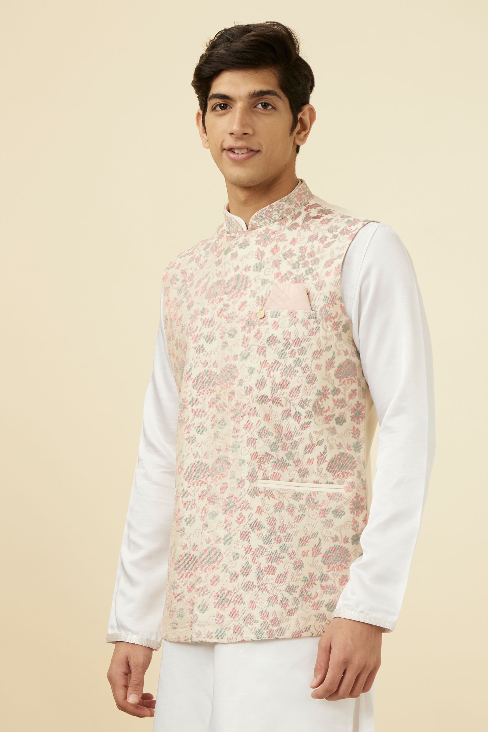 Manyavar Men Cream Jacket With Contrasting Floral Prints