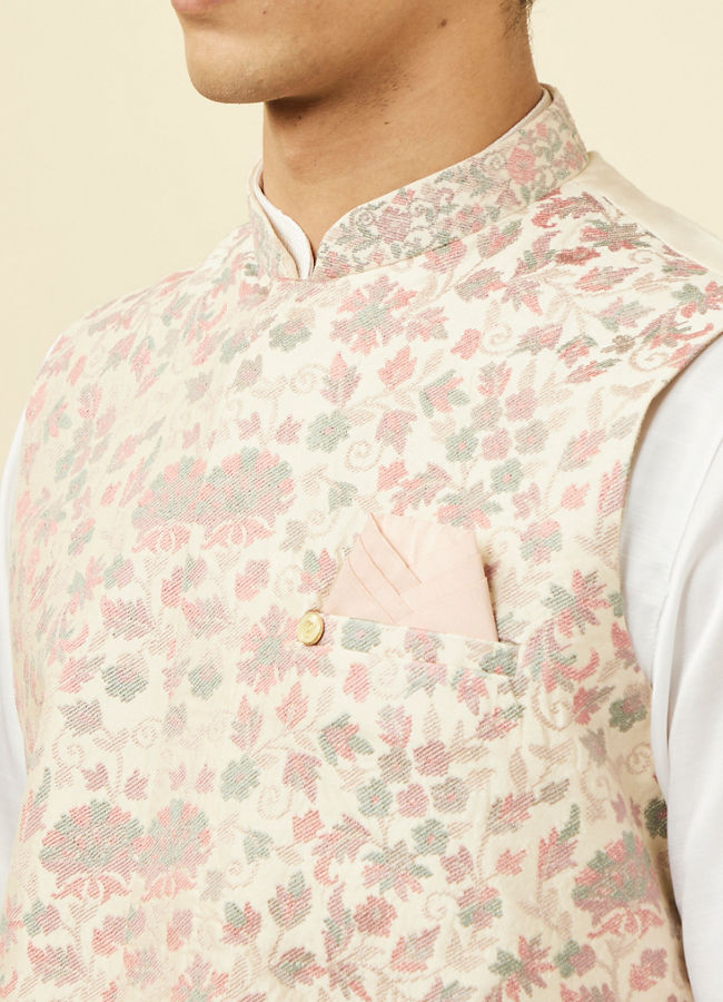 alt message - Manyavar Men Cream Jacket With Contrasting Floral Prints image number 1