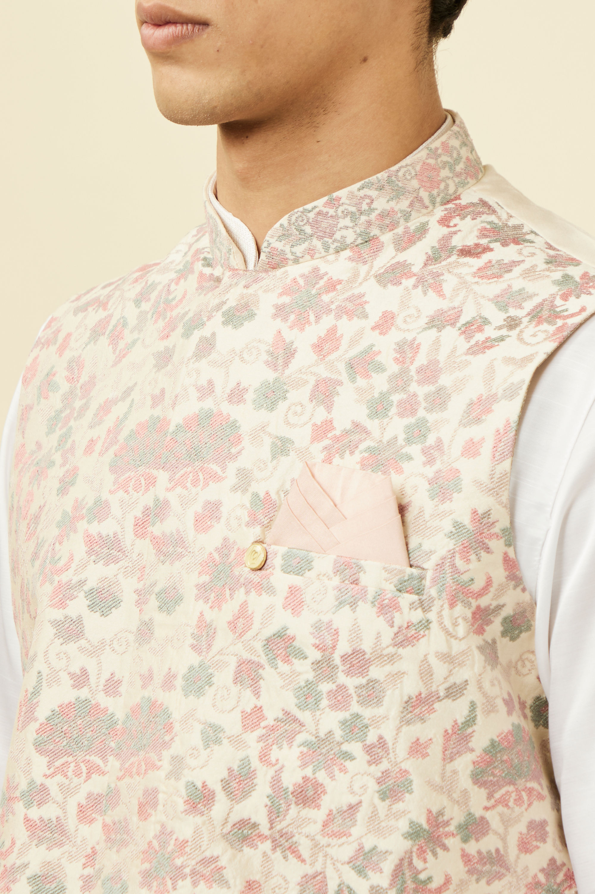 Manyavar Men Cream Jacket With Contrasting Floral Prints