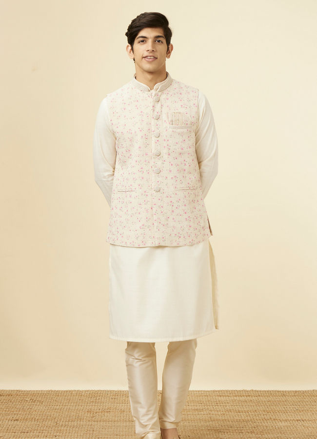 alt message - Manyavar Men Cream Jacket With Contrasting Pink Motifs image number 2