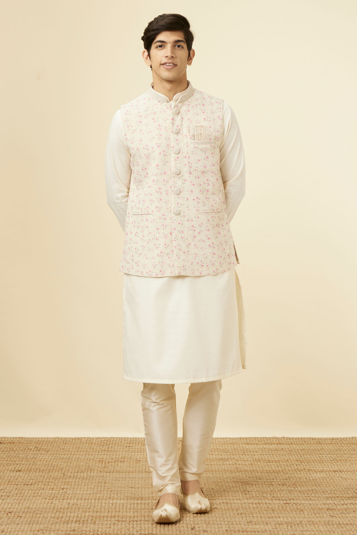 Manyavar Men Cream Jacket With Contrasting Pink Motifs