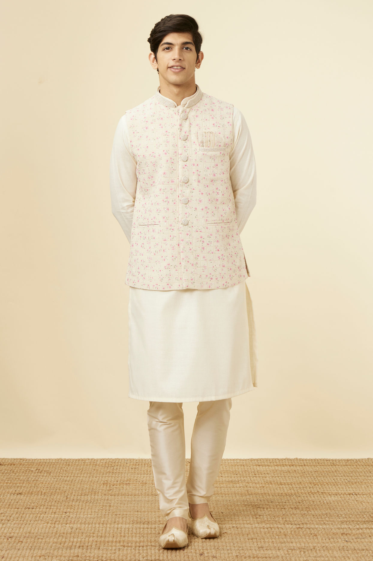 alt message - Manyavar Men Cream Jacket With Contrasting Pink Motifs image number 2