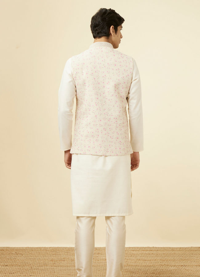 alt message - Manyavar Men Cream Jacket With Contrasting Pink Motifs image number 3