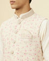Manyavar Men Cream Jacket With Contrasting Pink Motifs