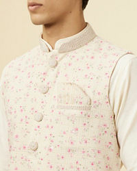 Manyavar Men Cream Jacket With Contrasting Pink Motifs