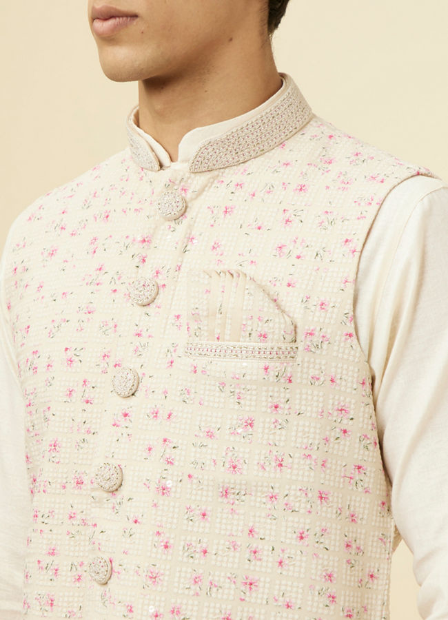 alt message - Manyavar Men Cream Jacket With Contrasting Pink Motifs image number 1