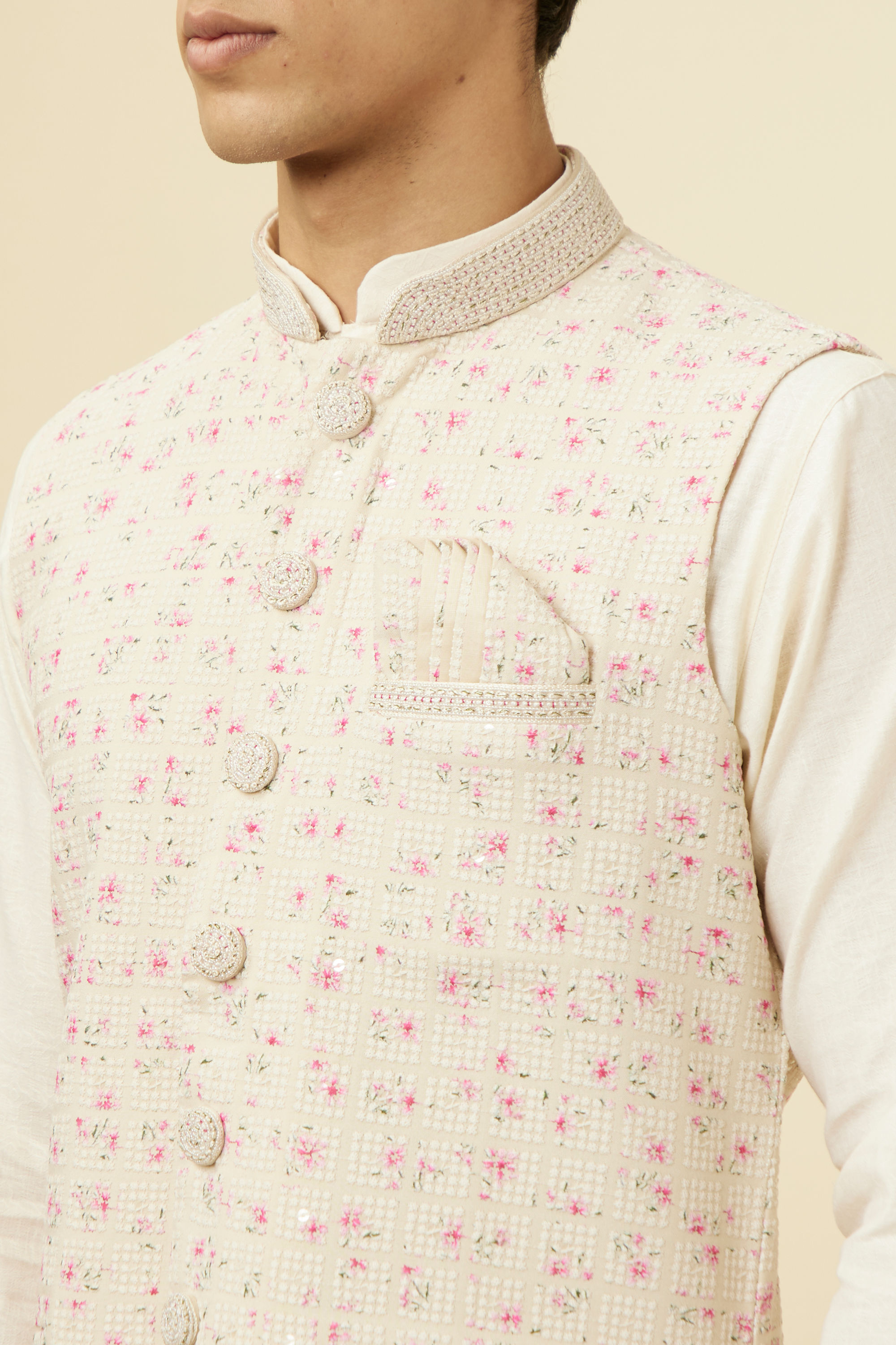 Manyavar Men Cream Jacket With Contrasting Pink Motifs