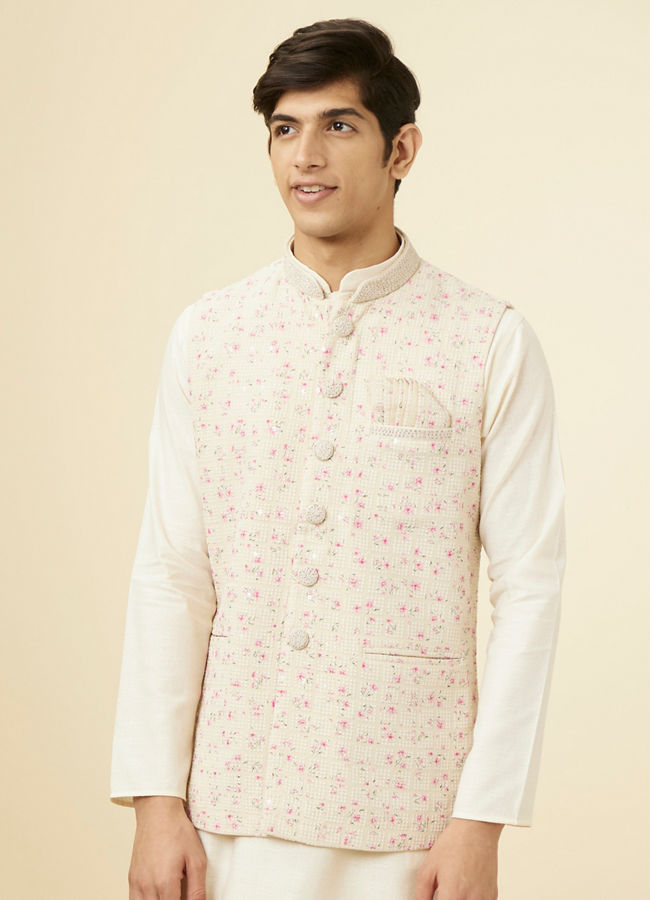 Cream Jacket With Contrasting Pink Motifs image number 0