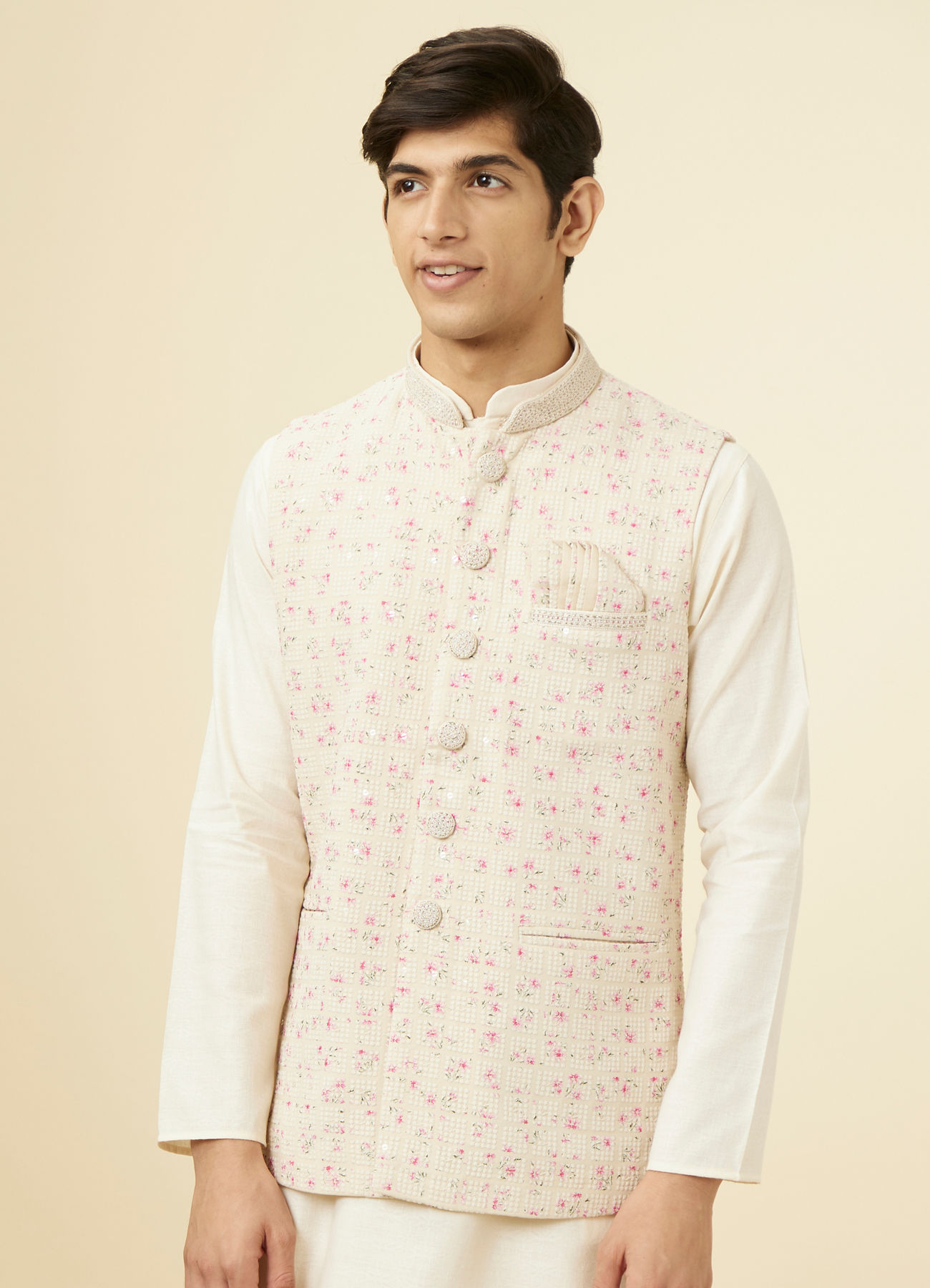 Manyavar Men Cream Jacket With Contrasting Pink Motifs