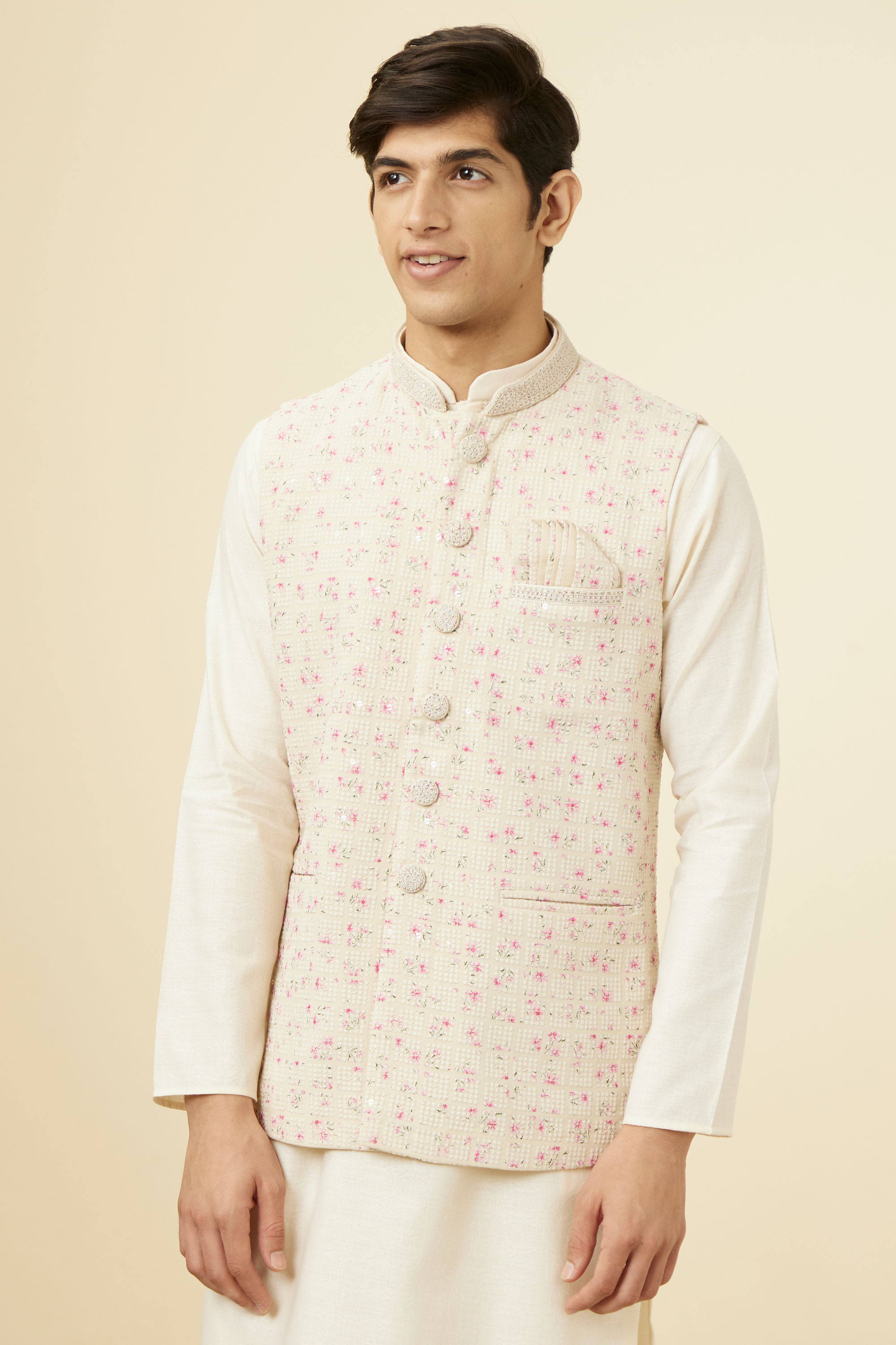 Manyavar Men Cream Jacket With Contrasting Pink Motifs