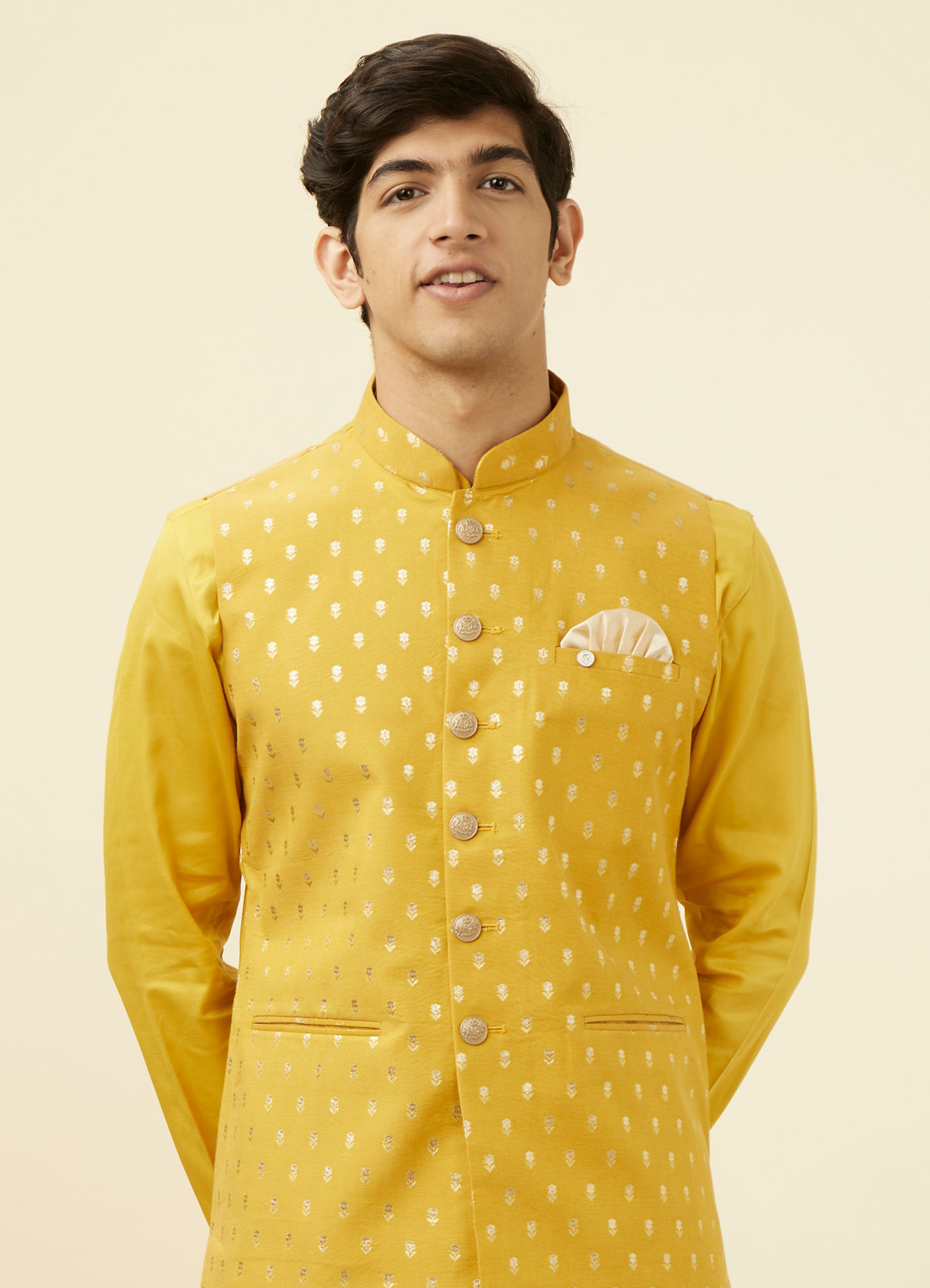 Manyavar Men Sunglow Yellow Buta Patterned Jacket