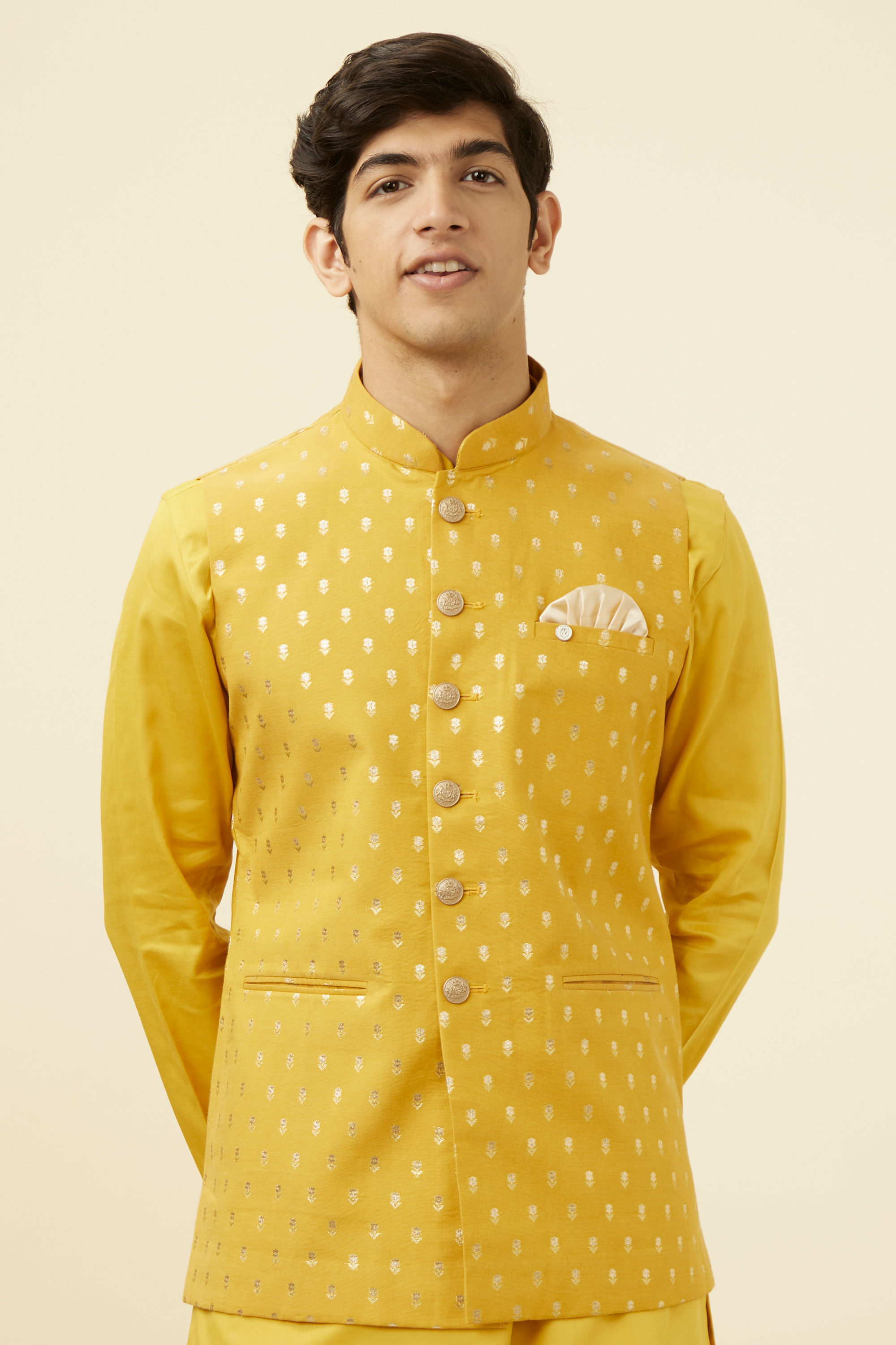 Manyavar Men Sunglow Yellow Buta Patterned Jacket