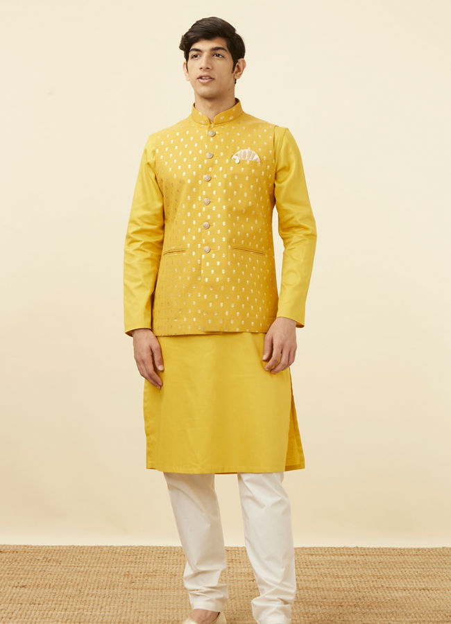 alt message - Manyavar Men Sunglow Yellow Buta Patterned Jacket image number 2