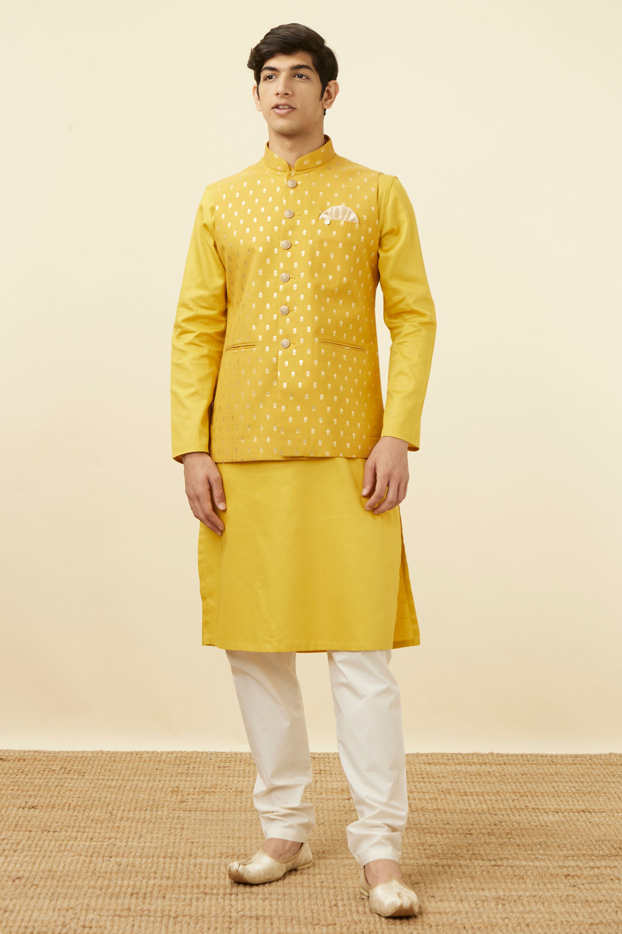 alt message - Manyavar Men Sunglow Yellow Buta Patterned Jacket image number 2