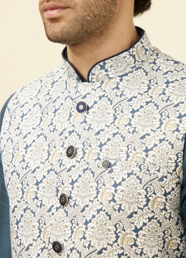 Manyavar Men Blue Floral Digital Print Nehru Jacket