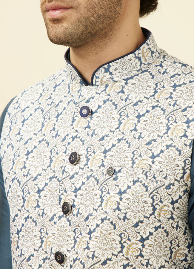 alt message - Manyavar Men Light Cream Printed Jacket image number 1