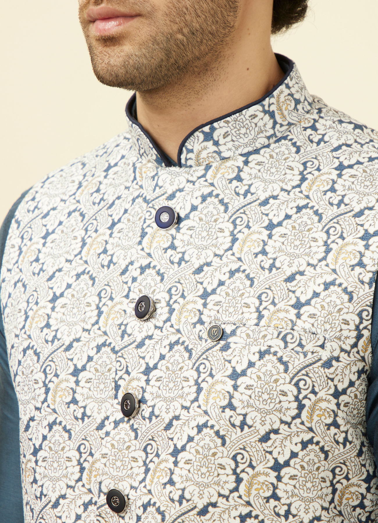 Manyavar Men Light Cream Printed Jacket