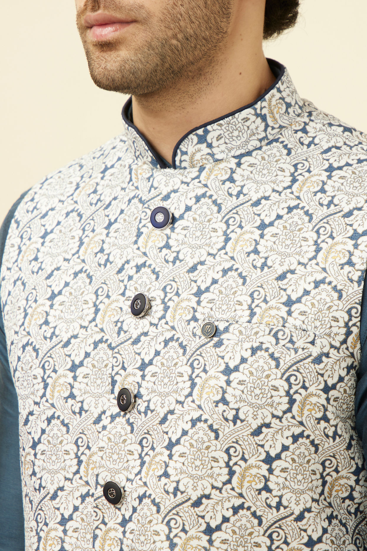 alt message - Manyavar Men Light Cream Printed Jacket image number 1