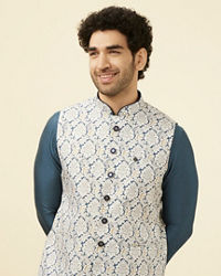 Manyavar Men Light Cream Printed Jacket