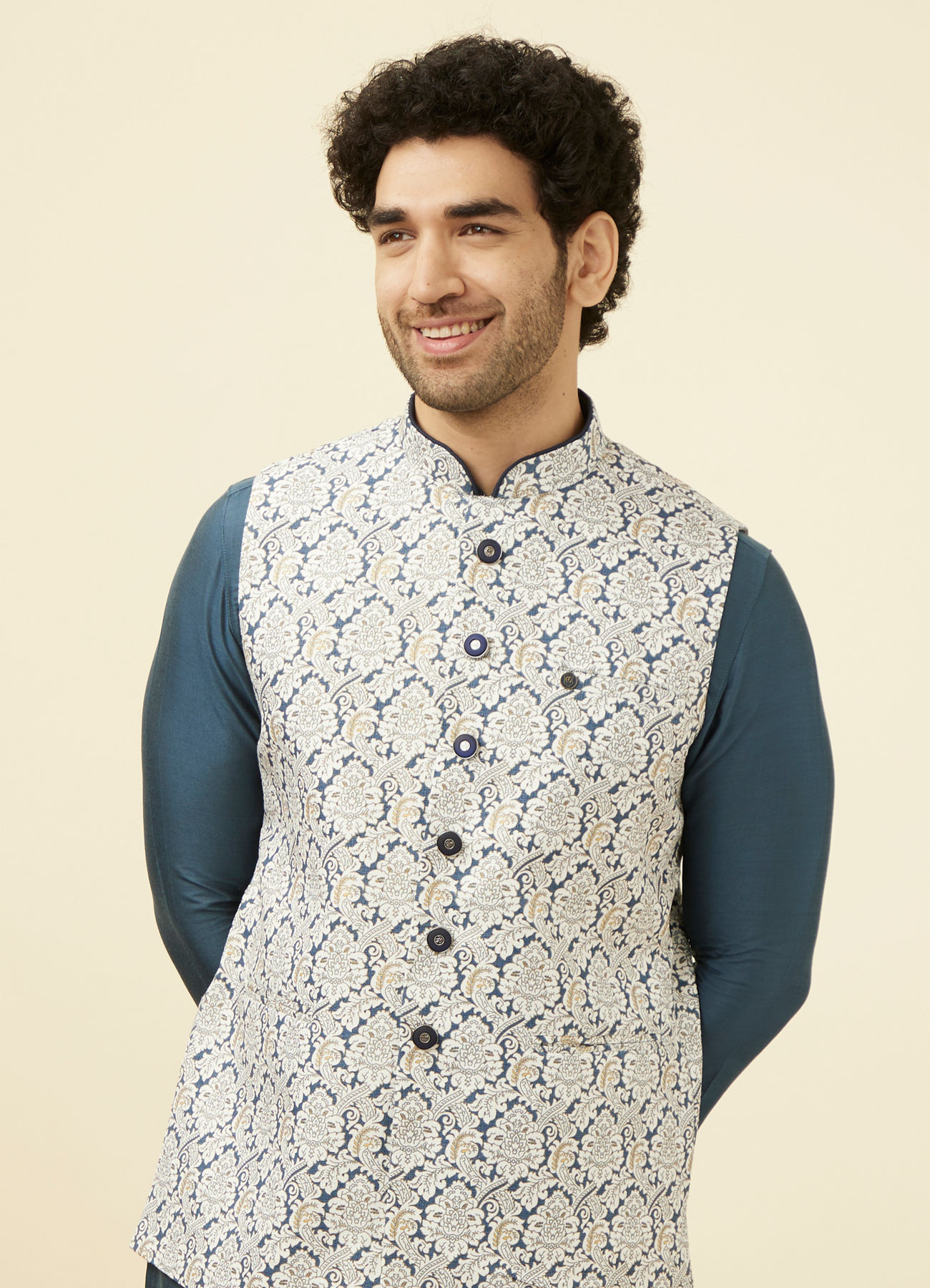 Manyavar Men Light Cream Printed Jacket