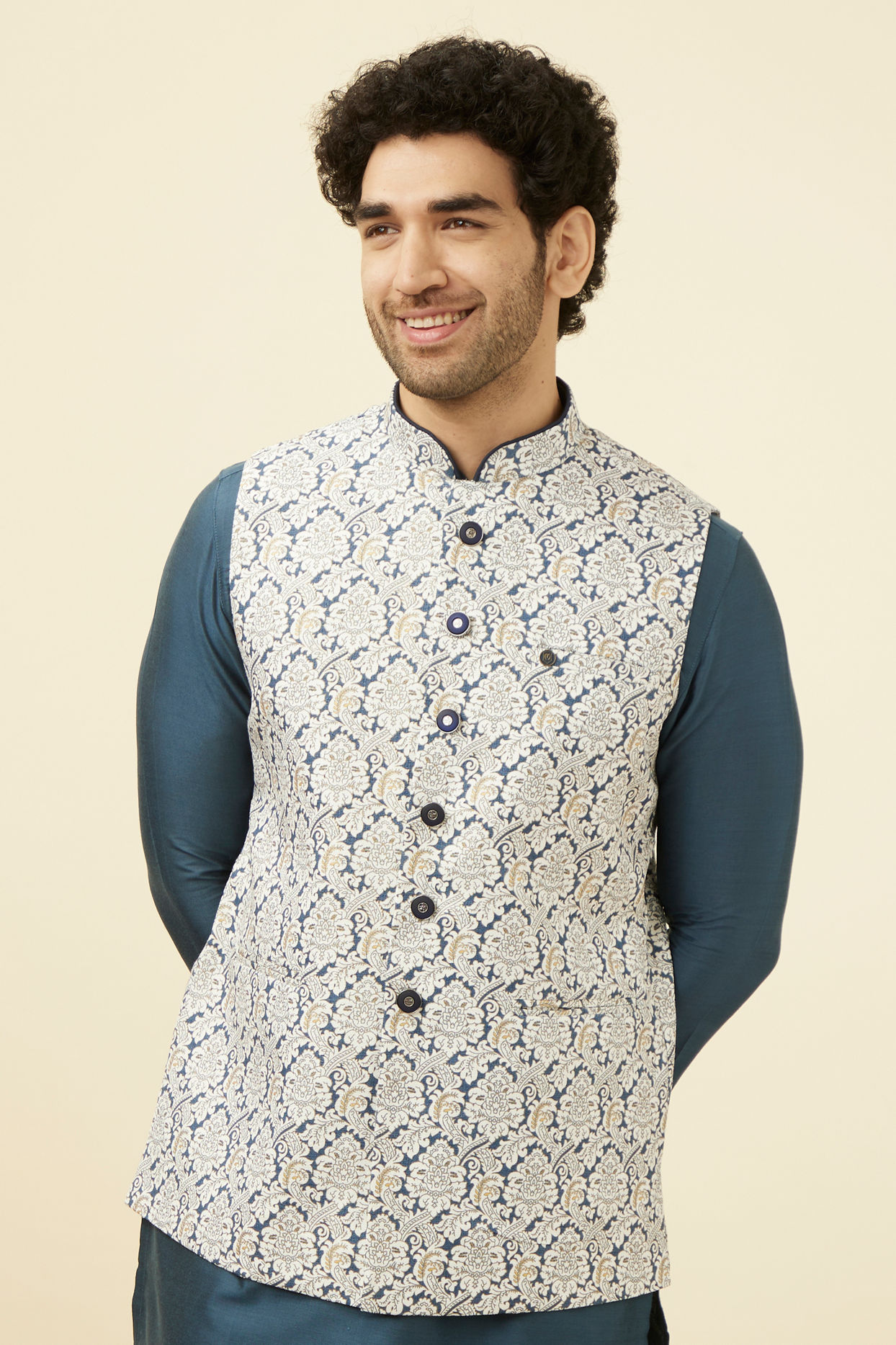 alt message - Manyavar Men Light Cream Printed Jacket image number 0