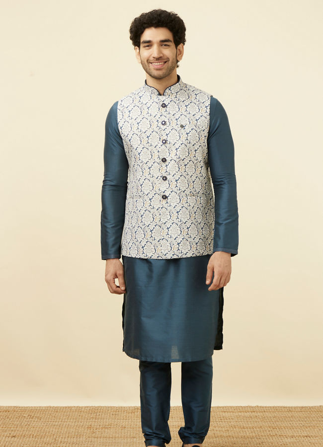 alt message - Manyavar Men Light Cream Printed Jacket image number 2