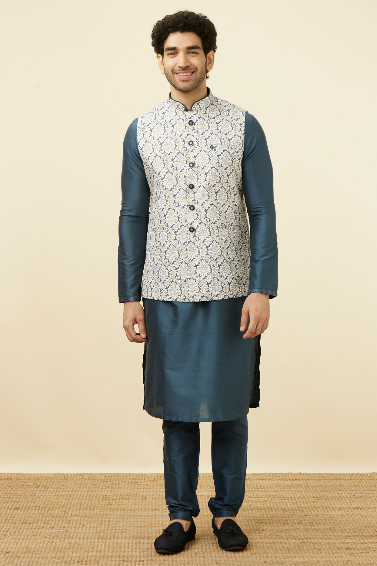 alt message - Manyavar Men Light Cream Printed Jacket image number 2