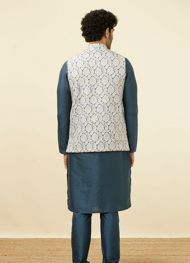Manyavar Men Blue Floral Digital Print Nehru Jacket