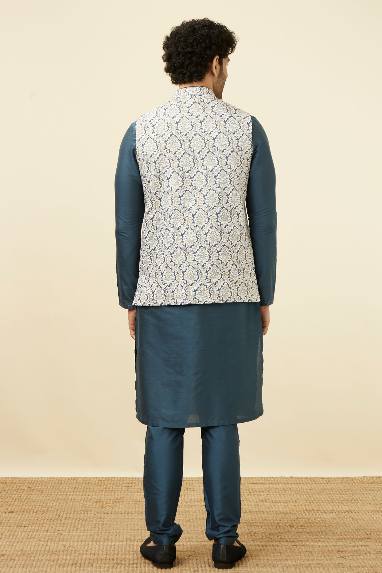 alt message - Manyavar Men Light Cream Printed Jacket image number 3