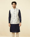 Manyavar Men Blue and White Printed Jacket