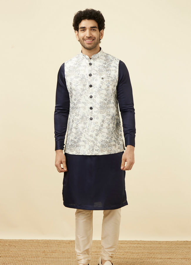 Manyavar Men Blue and White Printed Jacket
