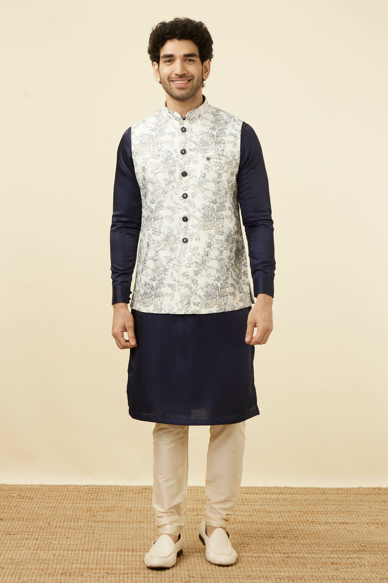 Manyavar Men Blue and White Printed Jacket