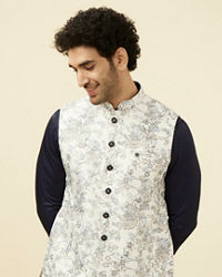 Manyavar Men Blue and White Printed Jacket