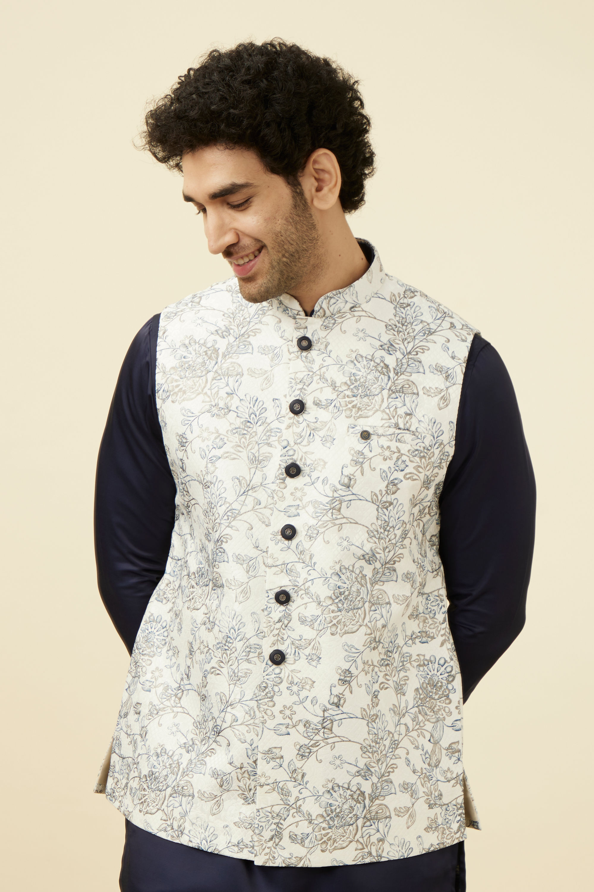 Manyavar Men Blue and White Printed Jacket