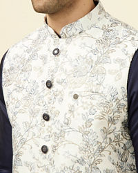 Manyavar Men Blue and White Printed Jacket