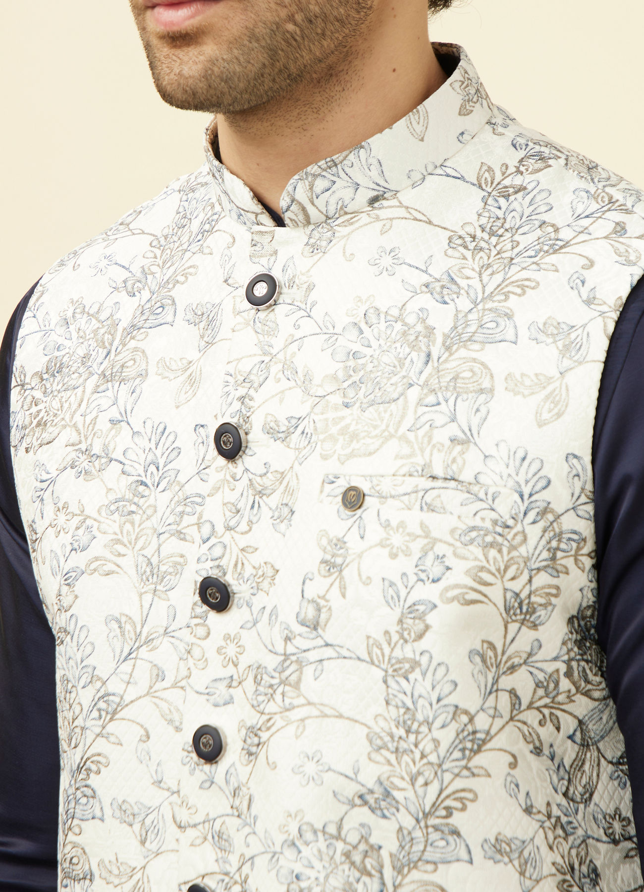 Manyavar Men Blue and White Printed Jacket