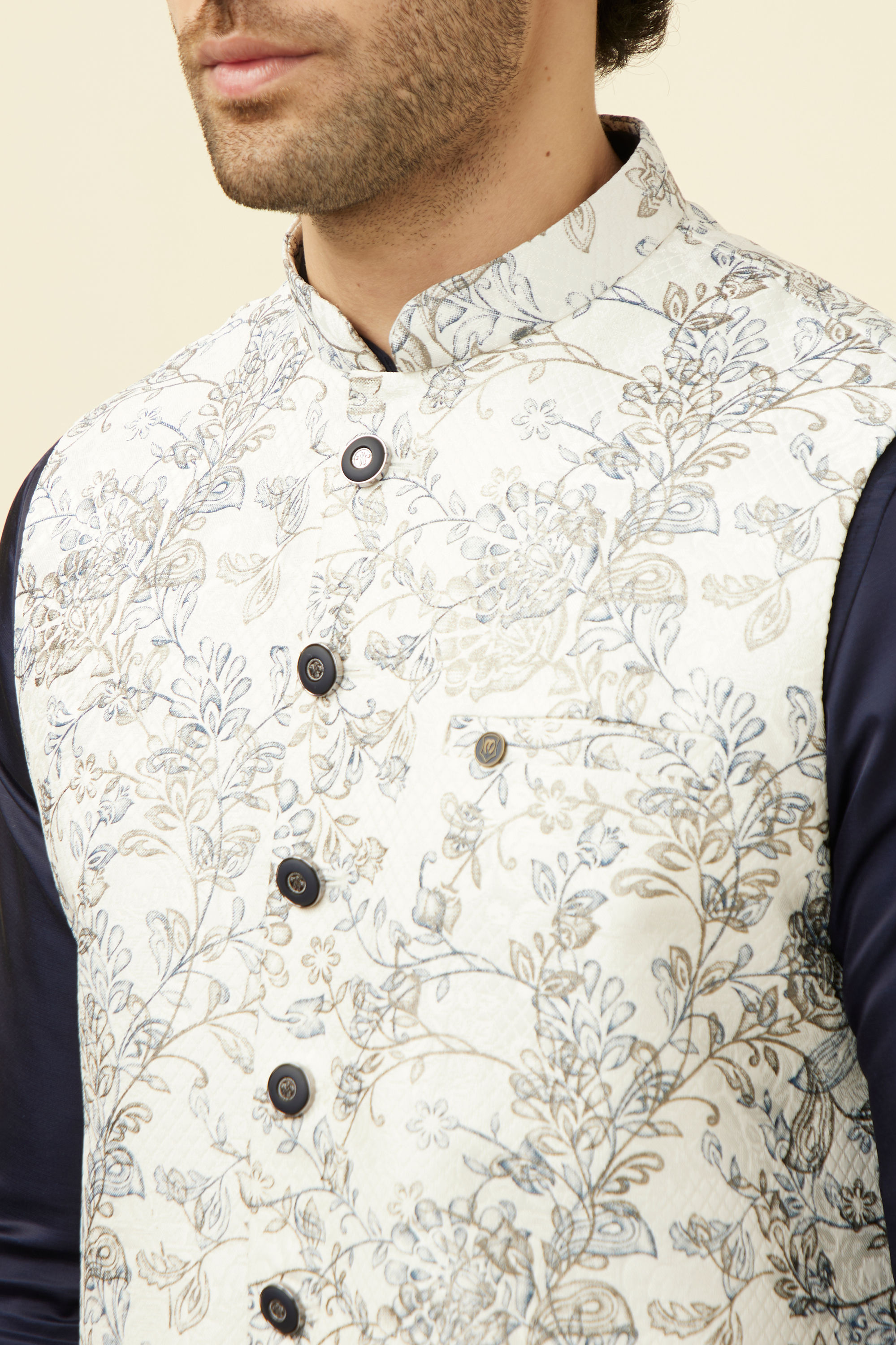 Manyavar Men Blue and White Printed Jacket