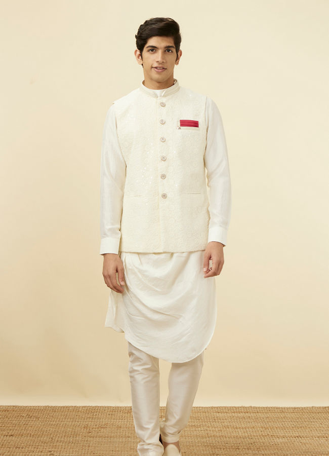 Manyavar Men Pearl White Floral Chikankari Jacket