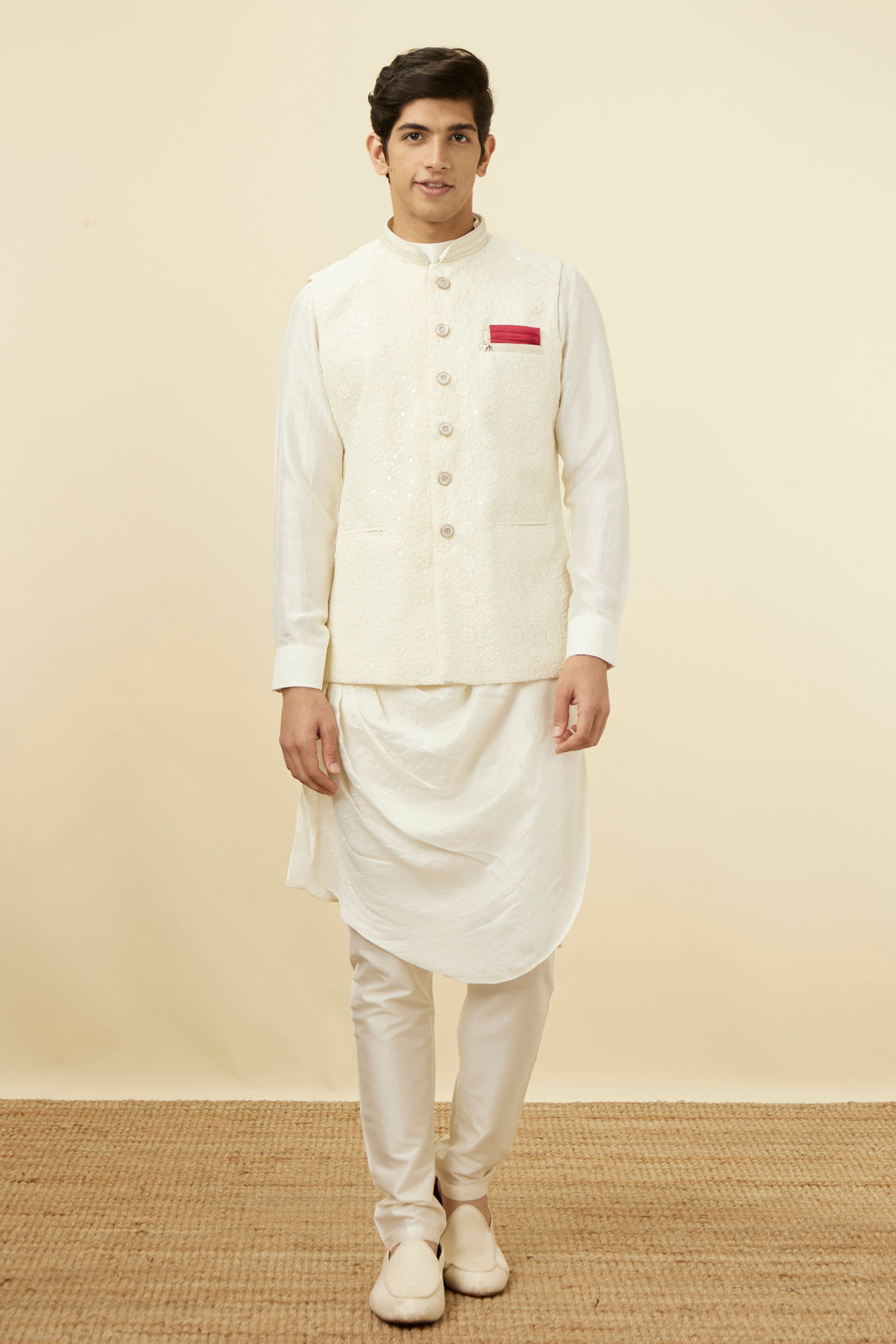 Manyavar Men Pearl White Floral Chikankari Jacket