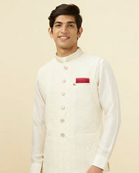 Manyavar Men Pearl White Floral Chikankari Jacket