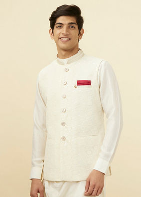 alt message - Manyavar Men Pearl White Floral Chikankari Jacket