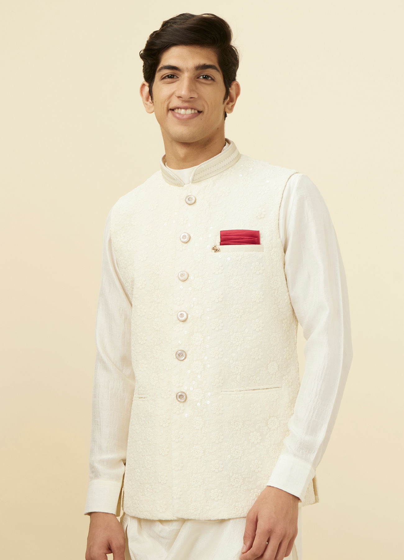 Manyavar Men Pearl White Floral Chikankari Jacket