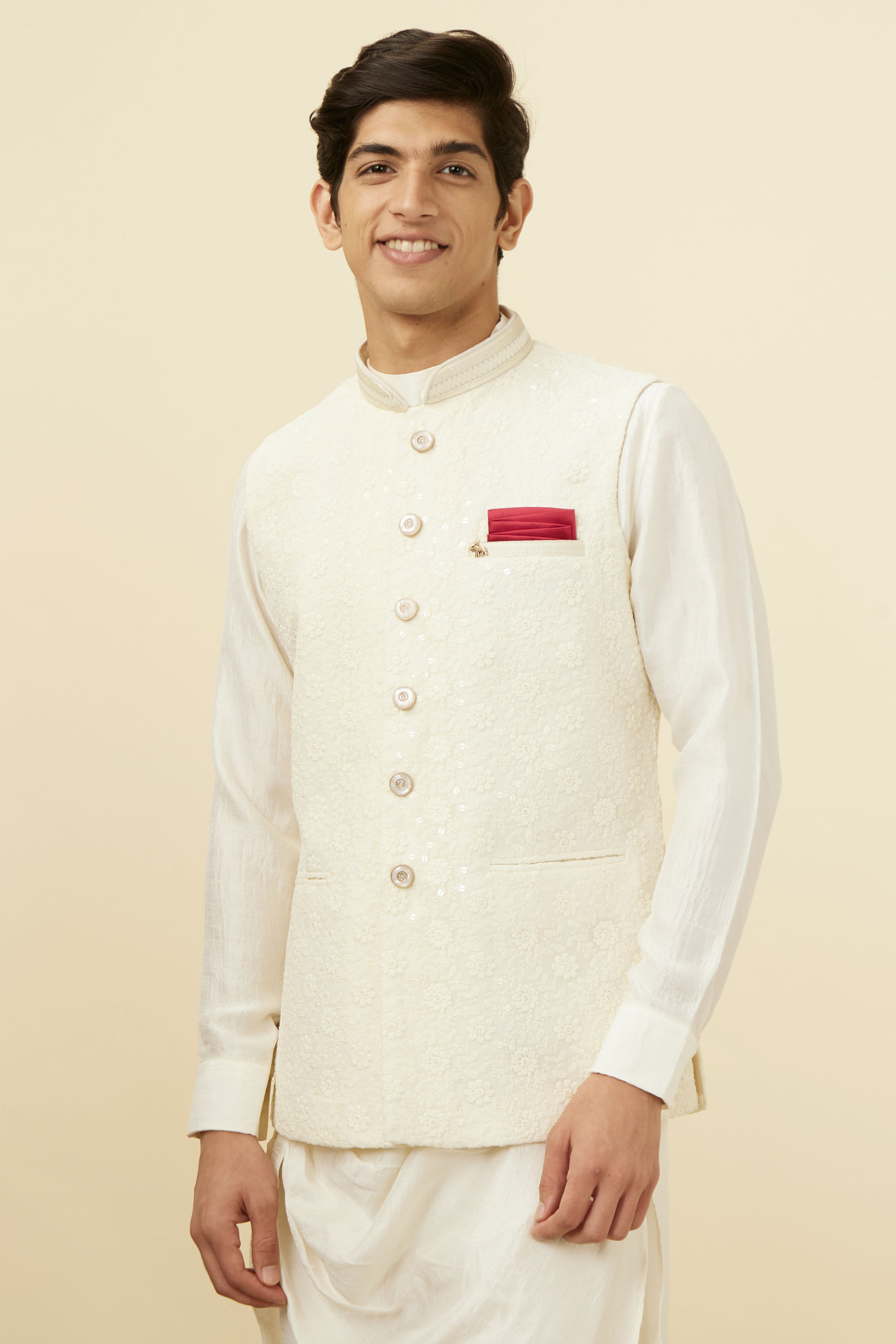 Manyavar Men Pearl White Floral Chikankari Jacket