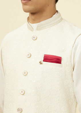 alt message - Manyavar Men Pearl White Floral Chikankari Jacket image number 1