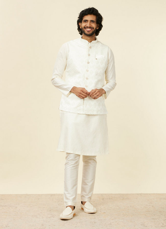 Manyavar Men Warm White Grid Patterned Nehru Jacket image number 2