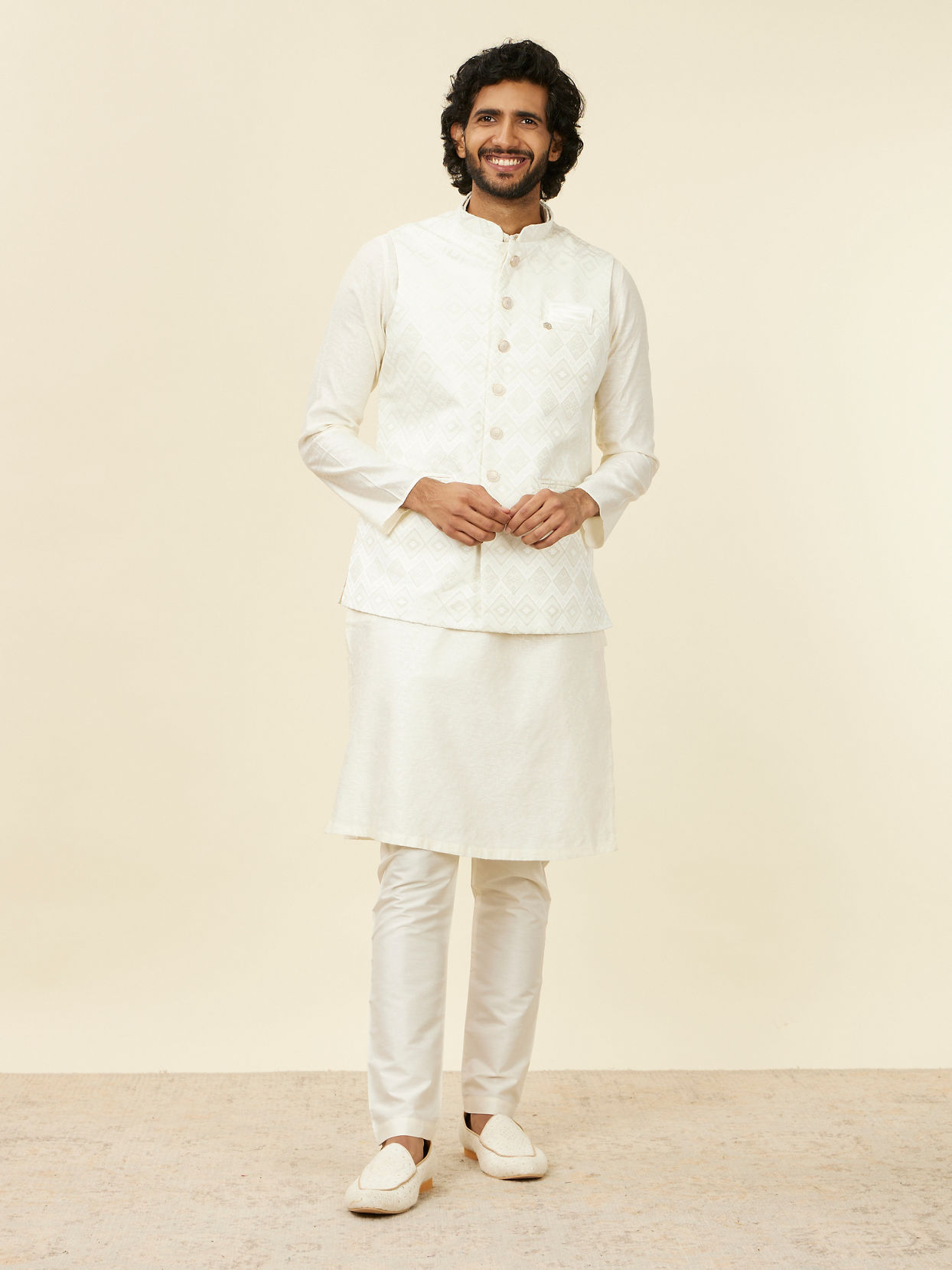 Manyavar Men Warm White Grid Patterned Nehru Jacket