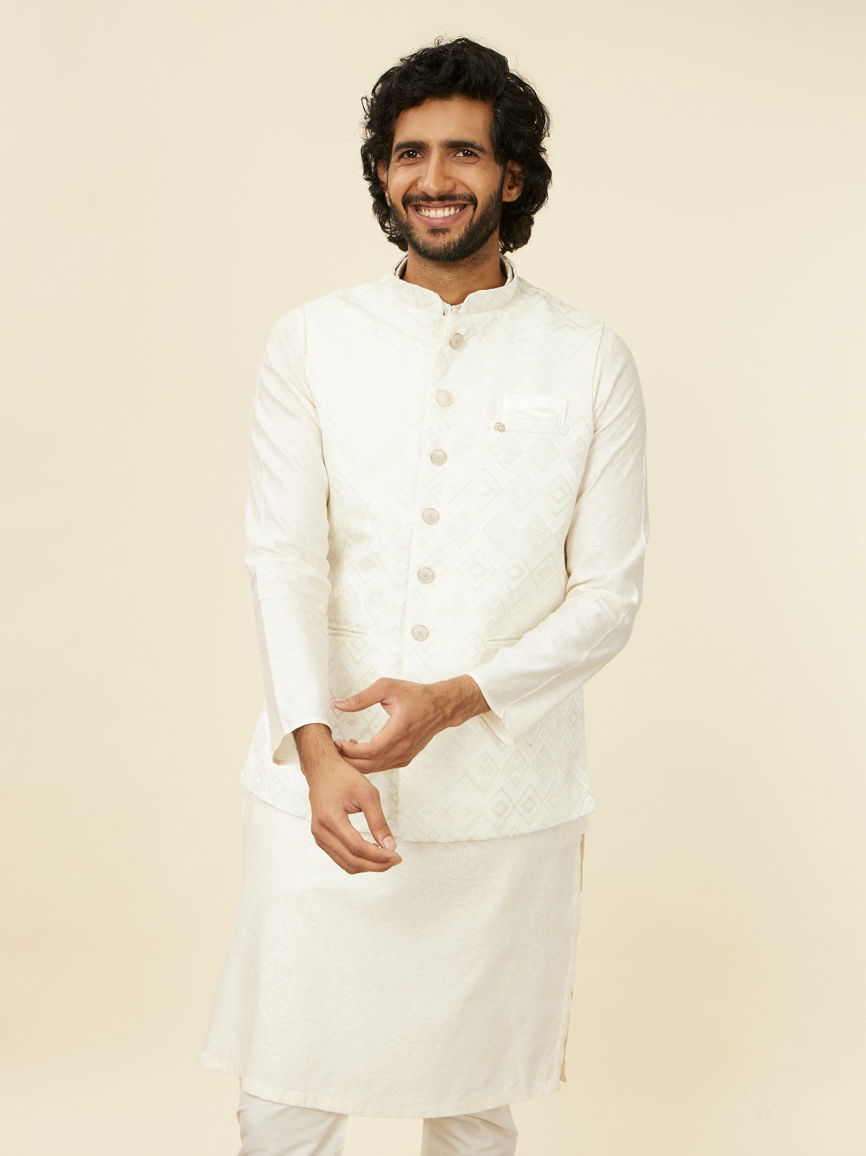 Manyavar Men Warm White Grid Patterned Nehru Jacket
