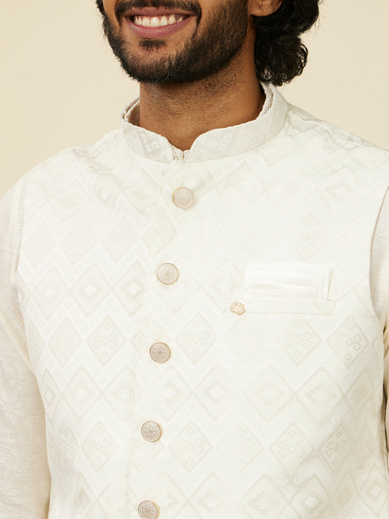 Manyavar Men Warm White Grid Patterned Nehru Jacket image number 1