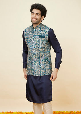 alt message - Manyavar Men Ferozi Blue Botanical Patterned Jacket image number 0